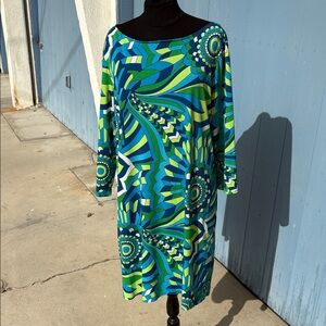 London Times Green and Blue Pucci Style Long Sleeve 60’-70’s Dress